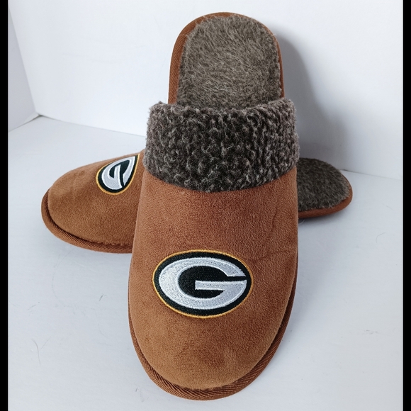💚💛 Green Bay Packers Mens Slippers Logo NFL Football XL 13-14 Sherpa Brown - Picture 1 of 12